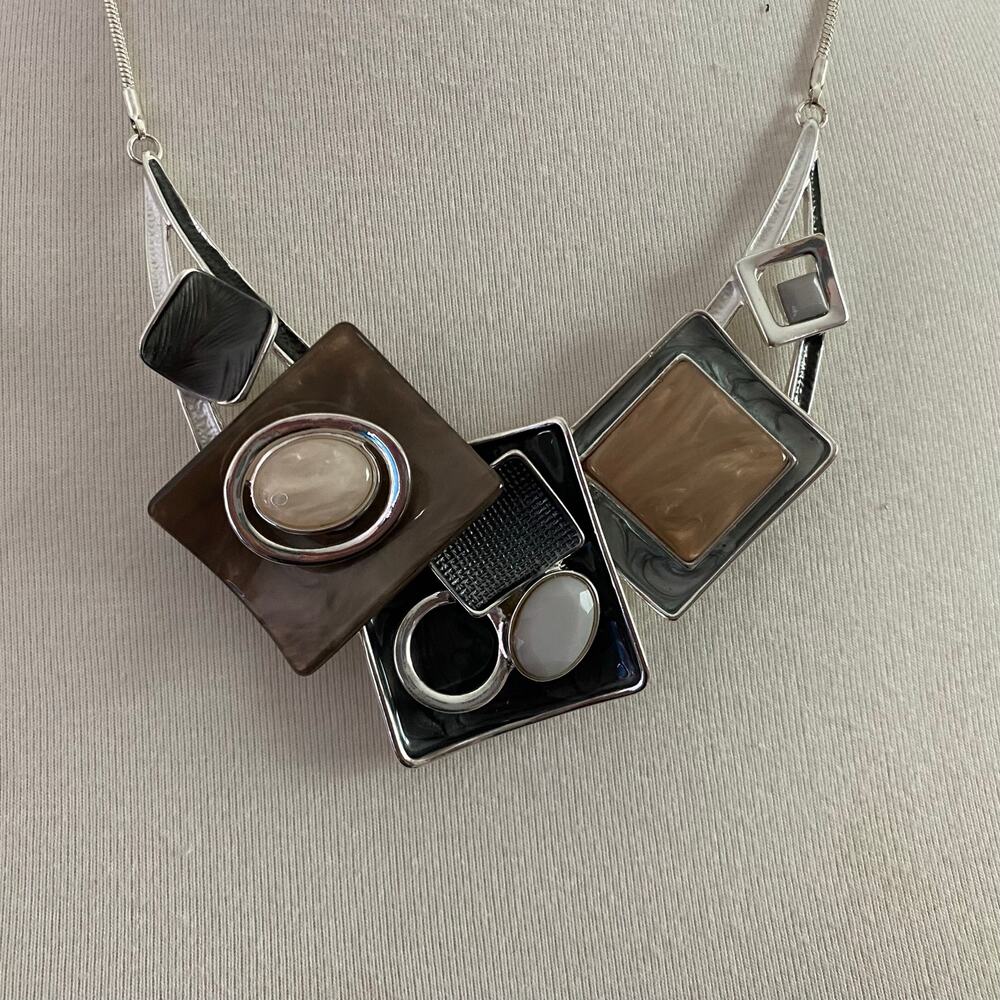 Chunky Statement Bib Necklace Brown Grey Silver Geometric Resin 17-20" Art Boho - Picture 9 of 14